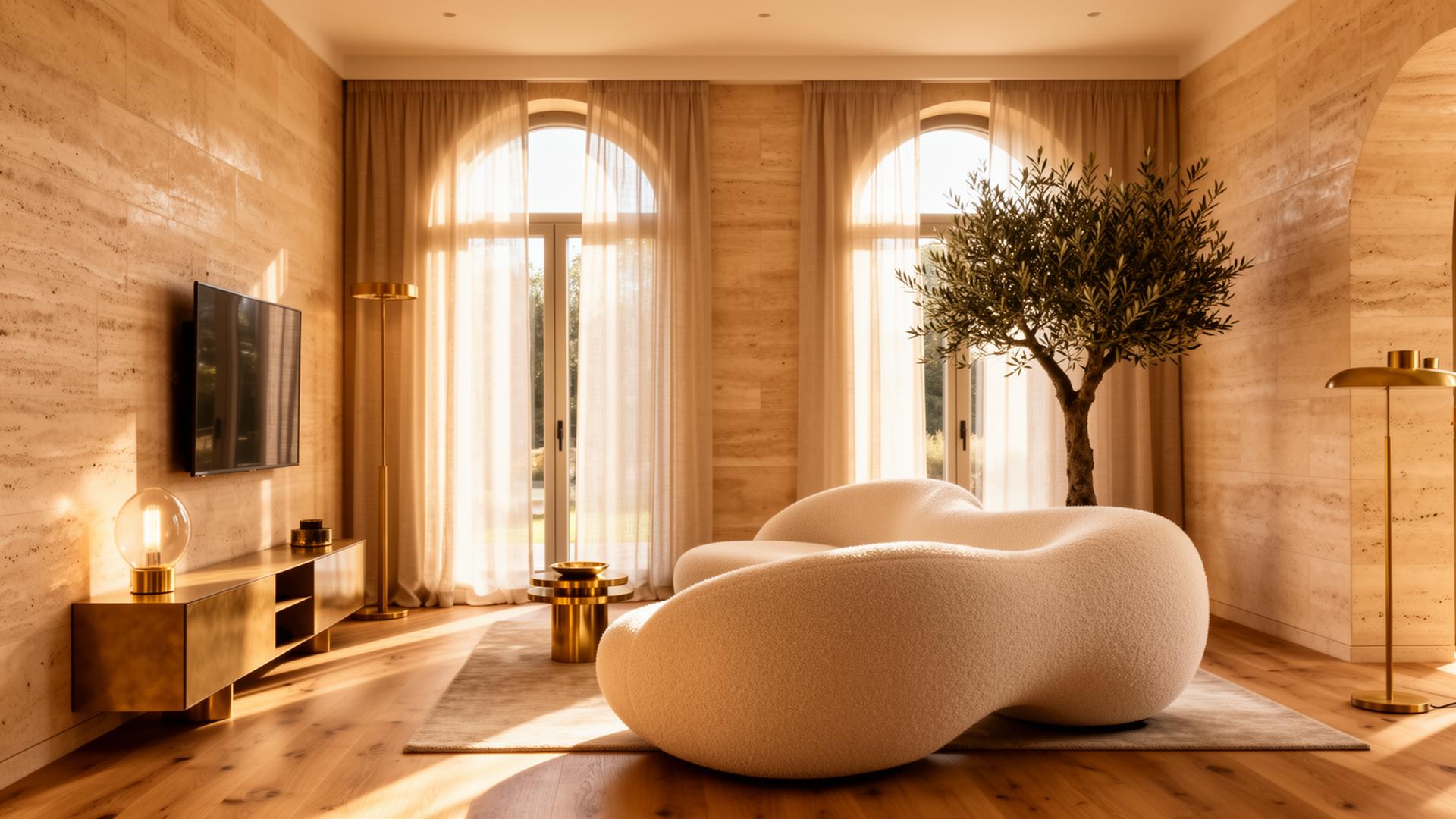 Sun-lit travertine living room designed by Olek Art Design